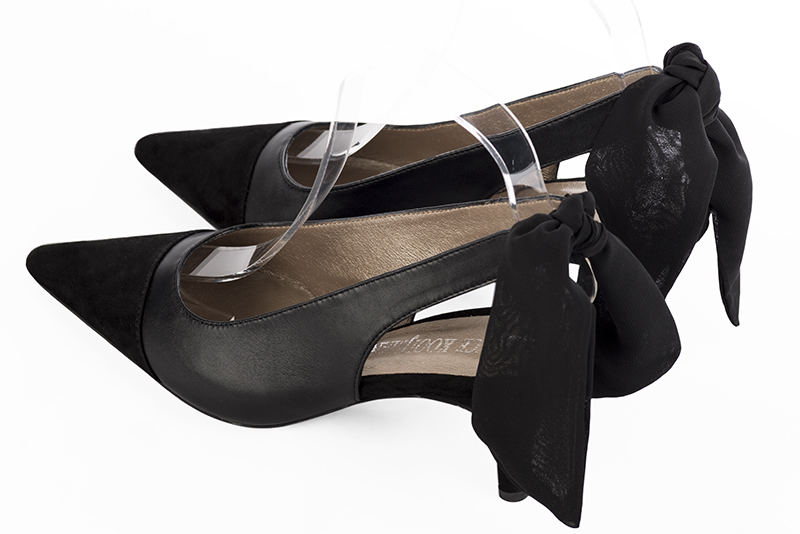 Matt black women's slingback shoes. Pointed toe. Medium slim heel. Rear view - Florence KOOIJMAN